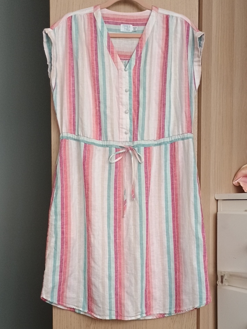 Time and Tru Striped Drawstring Dress Linen/Rayon, 2 Pockets Sz M/L